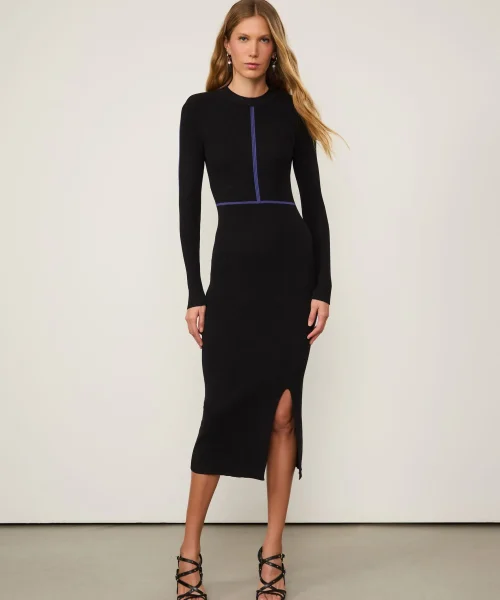 Alternative view of Vestido Preto De Tricot Midi Manga Longa Com Detalhe Listra Azul - Animale