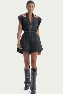 Macacao Jeans Curto Bordado Preto - Amar de Amarante
