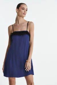 Vestido Slip Azul com Plumas - L'Cecci